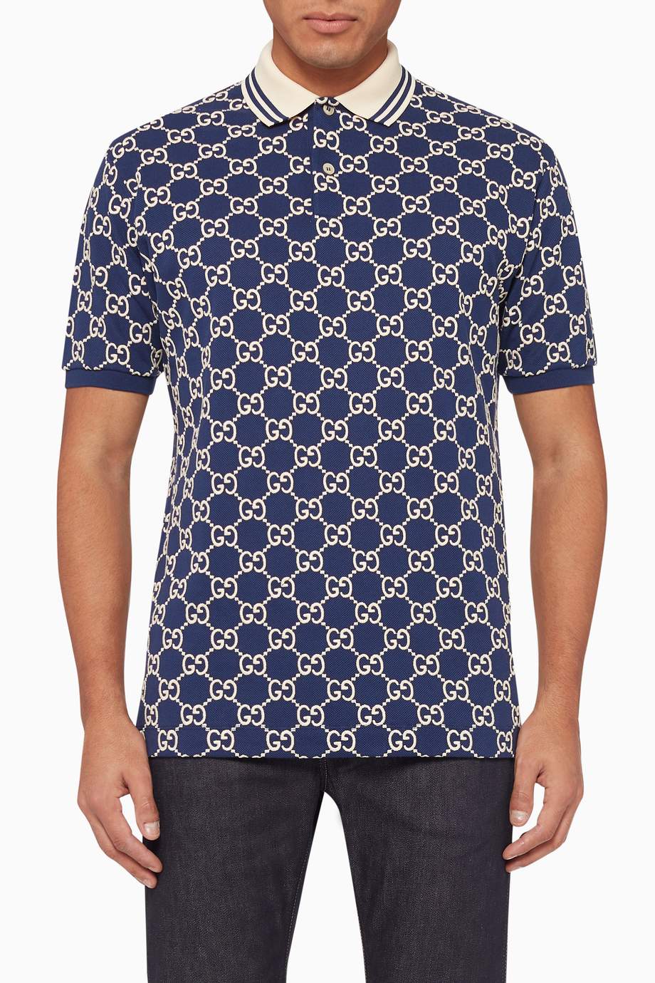 Shop Gucci Blue Embroidered GG Stretch Cotton Polo T-Shirt for Men