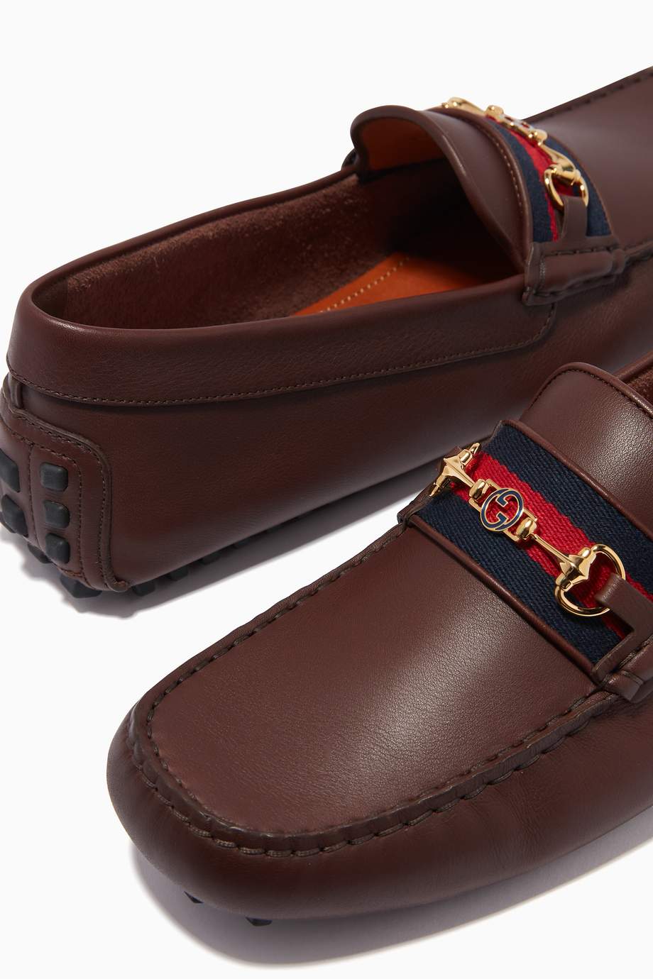 Shop Gucci Brown Horsebit Web Driving Shoes in Leather for