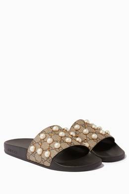 Shop Gucci Neutral Beige Gg Supreme Pearl Slides For Women Ounass Uae