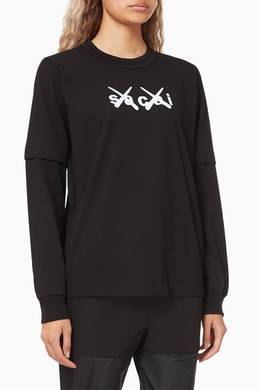 Shop Sacai Black x KAWS Flock Print Long Sleeve T-shirt in Cotton 