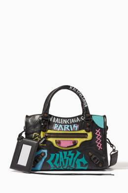 Shop Balenciaga Pink Noir Graffiti Printed Arena Mini City Bag For