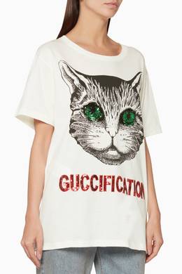 Shop Gucci Multicolour White Sequin Embellished Cat T Shirt For