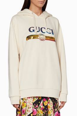 Shop Gucci Neutral Off White Sequined Logo Hoodie For Women Ounass Oman
