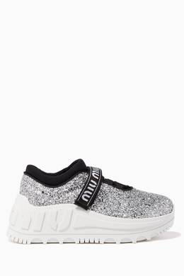 Shop Miu Miu Silver Glitter Logo Strap Chunky Sneakers For Women Ounass Bahrain
