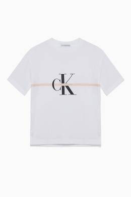 تسوق تي شيرت مخطط بطبعة شعار الماركة Calvin Klein أبيض للأطفال ا ناس الكويت