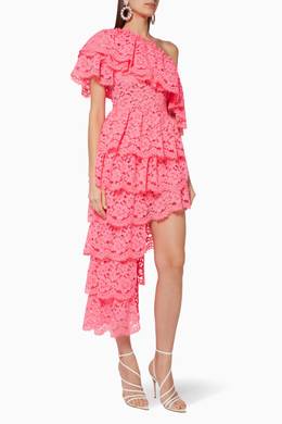 Shop Kalmanovich Pink Tiered Lace Dress For Women Ounass Saudi Kalmanovich women's one puff shoulder crystal straps dress. shop kalmanovich pink tiered lace dress
