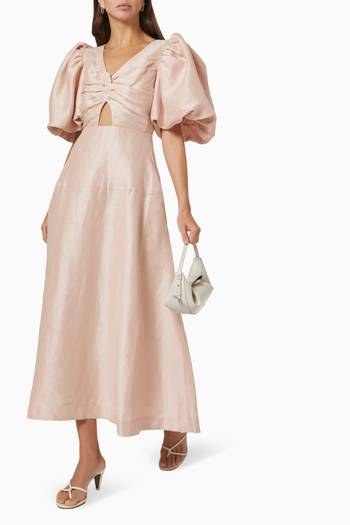 hover state of Dusk Knot Puff Sleeve Midi Dress in Linen 