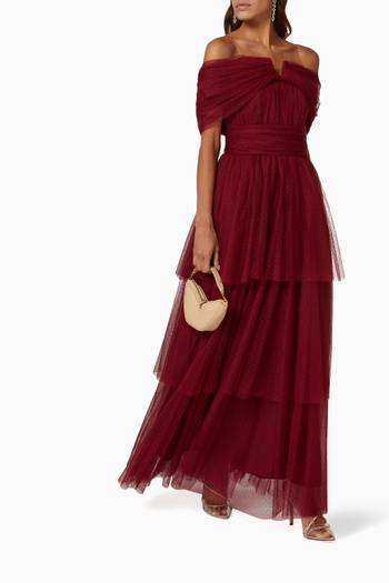 hover state of Off-the-shoulder Tiered Maxi Dress in Tulle Mesh 