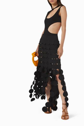 hover state of Lazer Cut Multi Circle Double Layered Maxi Skirt in Crêpe
