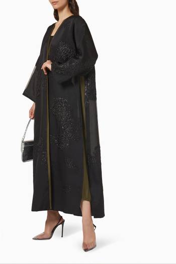 hover state of Contrast Trim Floral Abaya in Metallic Jacquard Organza