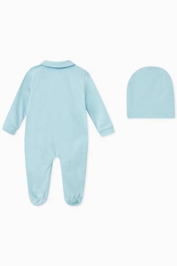 hover state of Teddy Toy & Logo Sleepsuit & Hat Set in Cotton Jersey