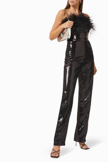 hover state of Lola Feather-trim Jumpsuit in Sequin
