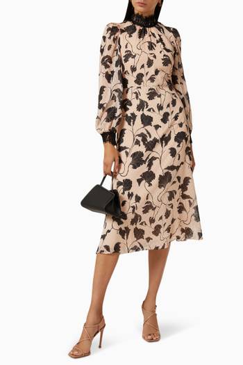 hover state of Lace-trimmed Floral-print Midi Dress