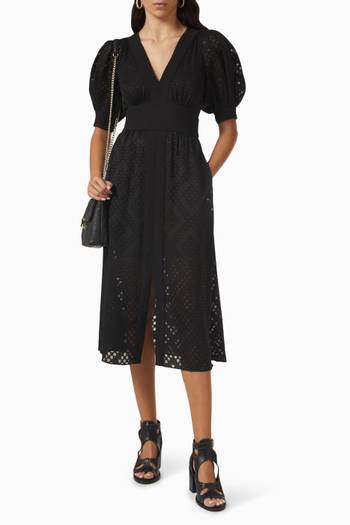 hover state of Liyon Puff Sleeve Midi Dress in Crepe
