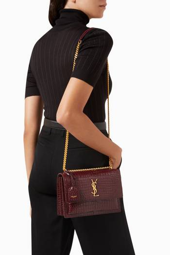 hover state of Medium Sunset Chain Shoulder Bag in Croc-embossed Leather