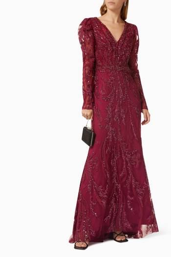 hover state of Embellished Puff Sleeve Gown in Lace