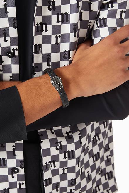 hover state of Pavé Black Diamonds Bracelet in Woven Leather & Sterling Silver 