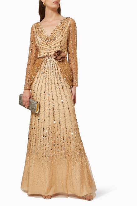hover state of Long Sleeve Beaded Gown in Tulle   