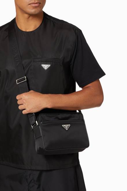 hover state of Triangle Logo Shoulder Bag in Re-Nylon & Saffiano Leather      