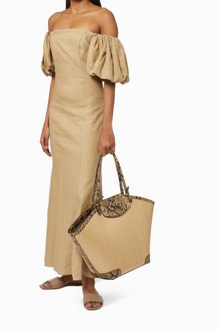 hover state of Extra Large Izzy Tote Bag in Woven Straw & Python Embossed Leather
