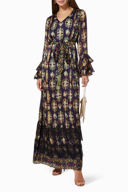 hover state of Floral Printed Kaftan in Silk Chiffon 