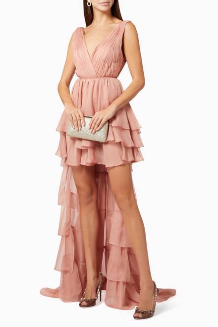 hover state of x Leena Ruffled Hi-Low Gown in Chiffon