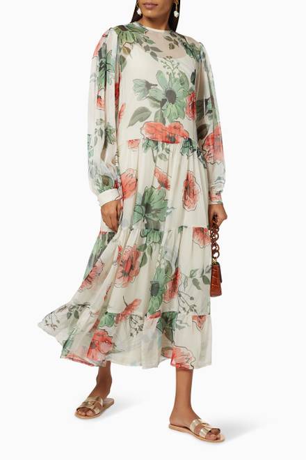 hover state of Tiered Dress in Floral Crepe