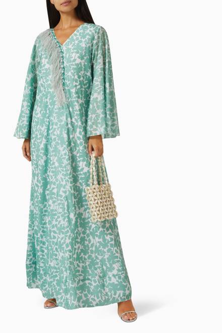 hover state of Beaded Feather Fringe Kaftan in Silk Crepe 