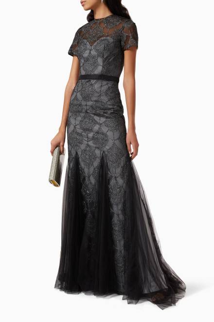 hover state of Short Sleeve Gown in Embroidered Tulle 