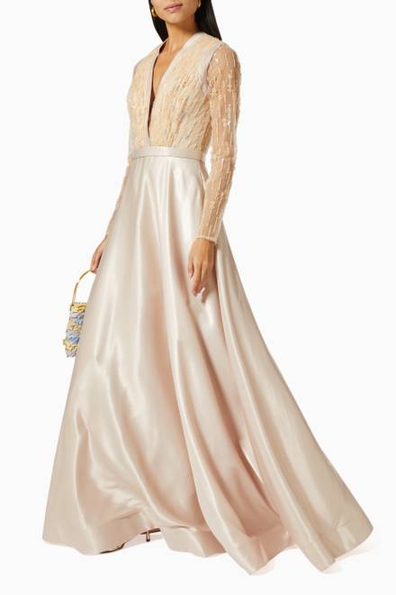 hover state of Sequin Embellished Gown in Satin 