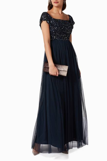 hover state of Off Shoulder Dress in Sequinned Tulle