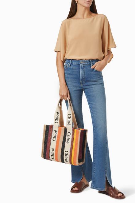 hover state of Medium Woody Tote Bag in Striped Linen & Shiny Calfskin 