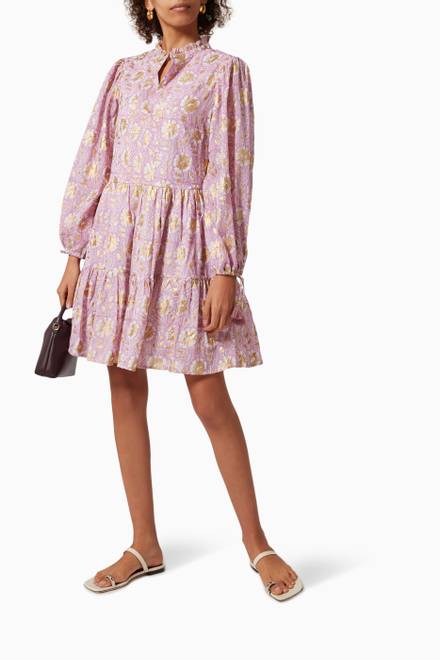 hover state of Block-printed Short Dress in Cotton Voile   