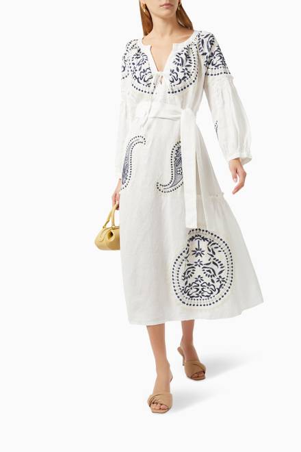 hover state of Contrast Embroidered Dress in Linen  