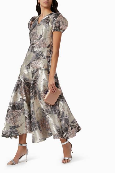 hover state of Puff Sleeve Dress in Metallic Jacquard