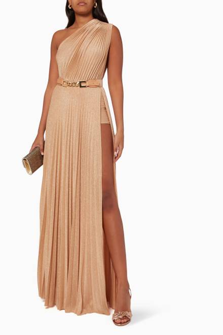 hover state of One-shoulder Gown with Belt in Pleated Lamé Jersey       