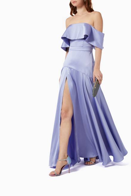 hover state of Off Shoulder Gown with Slit in Twill Satin      