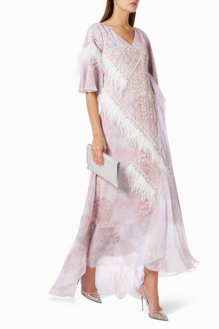 hover state of Feather Embroidered Maxi Dress in Printed Chiffon     