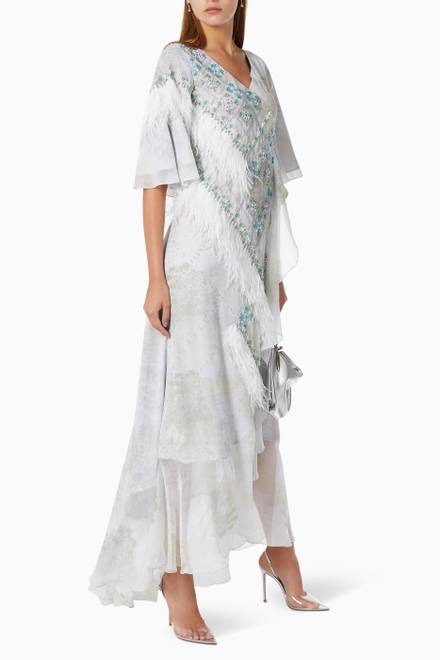 hover state of Feather Embroidered Dress in Printed Chiffon   