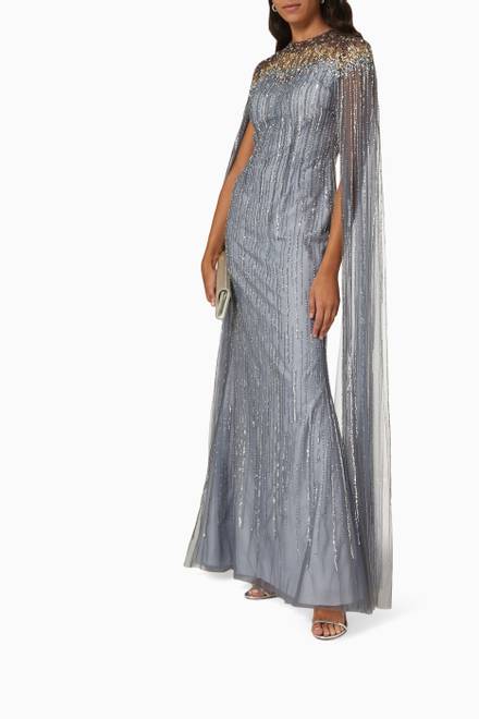 hover state of Sequin Embellished Cape Gown in Tulle Mesh 