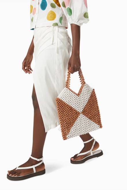 hover state of Bicolour Beaded Tote Bag in Wood 