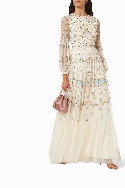 hover state of Floral Embroidered Maxi Dress in Tulle Mesh 