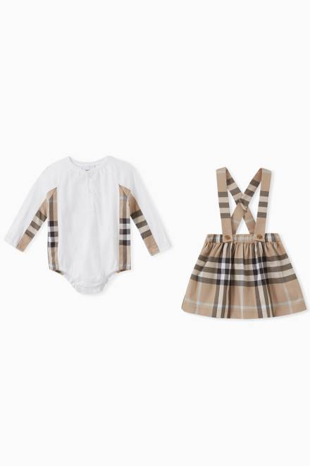 hover state of Vintage Check Bodysuit & Dungaree Dress Set in Cotton