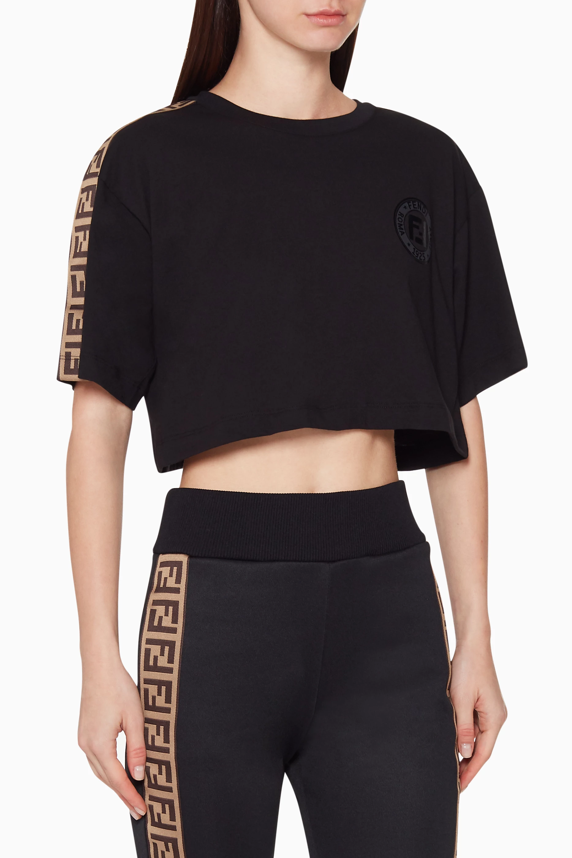 Shop Fendi Black Logo Tape Cropped T-Shirt for WOMEN | Ounass Bahrain