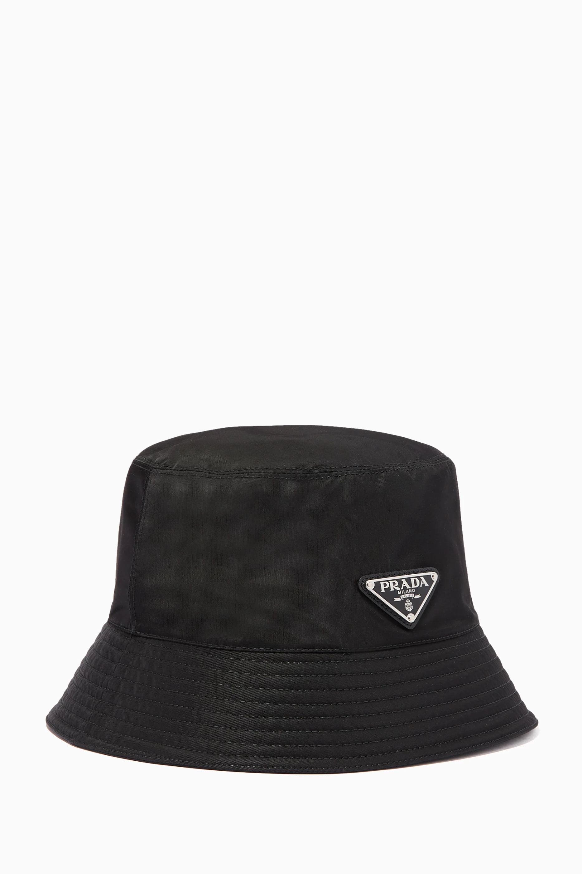 Shop Prada Black Triangle Logo Bucket Hat in Re-Nylon for 