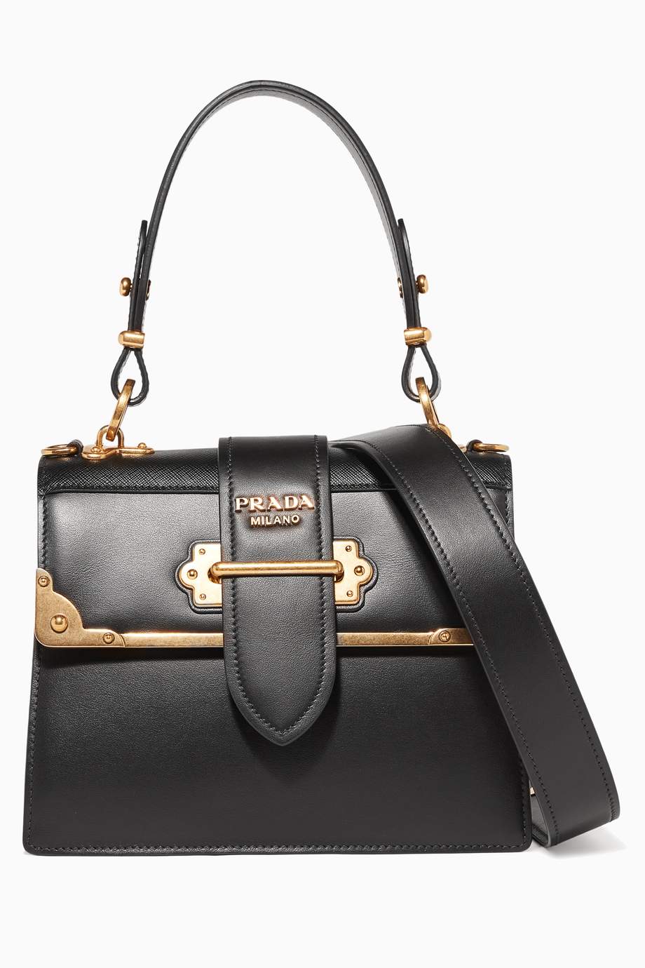 Shop Prada Black Black Cahier Leather Top Handle Bag for ...