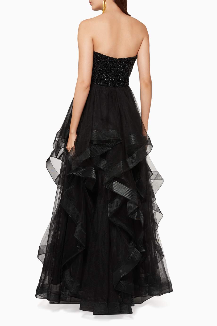 basix black label ruffled shoulder gown