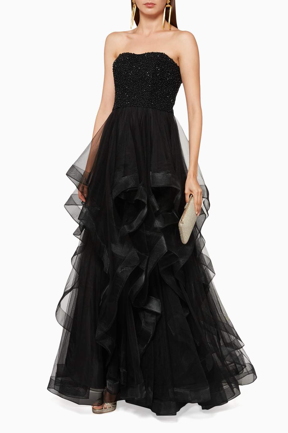 basix black label ruffled shoulder gown