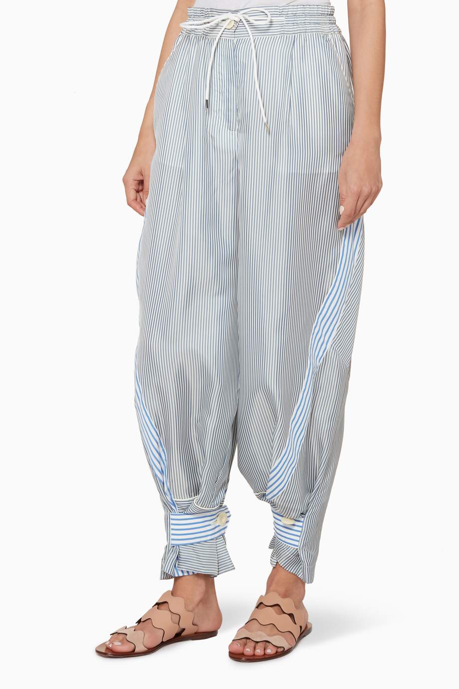 high waisted blue and white striped pants
