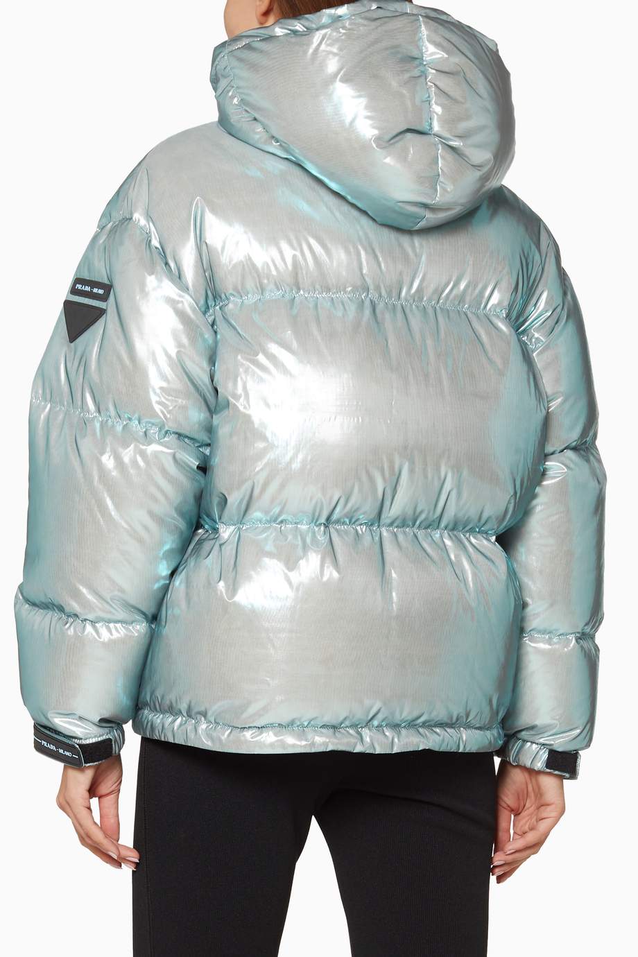 Shop Prada Silver Metallic Light-Blue Puffer Hooded Jacket for Women ...